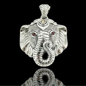 Vintage JAI John Hardy Elephant Enhancer Pendant Garnet Eyes 925 Silver 14K Gold